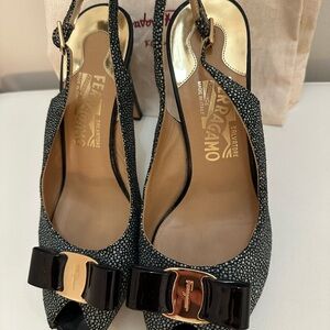 Salvatore Ferragamo Black and Gold Peep-Toe Heels